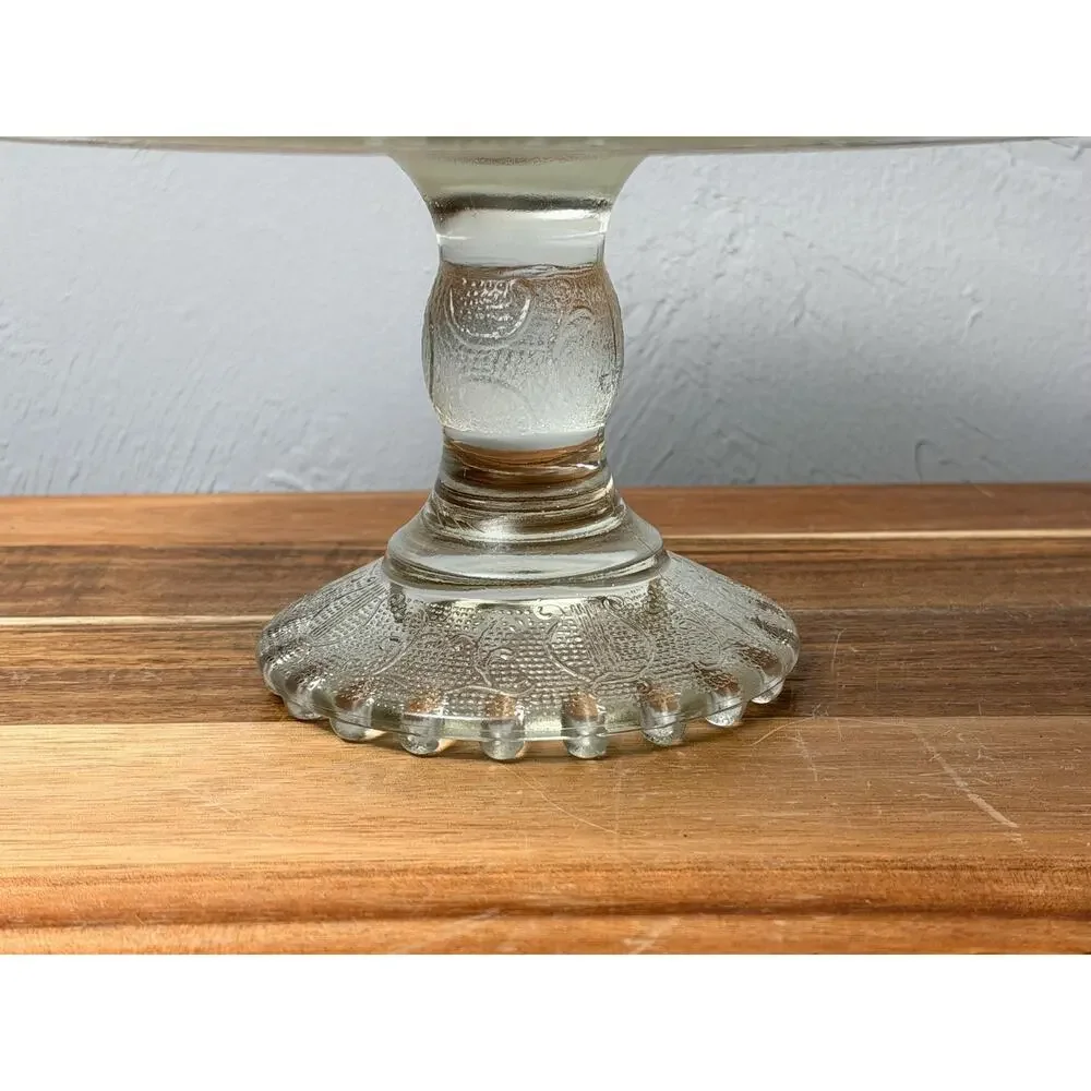 Vintage Jeannette Harp Lyre Cake Stand | Mid Century Pressed Glass Dessert